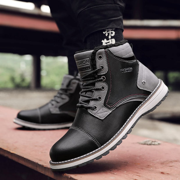 Man's fashion joker trendy leather flat thermal boots