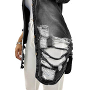 women's fashion acid-wash fray distressed long kind denim jacket